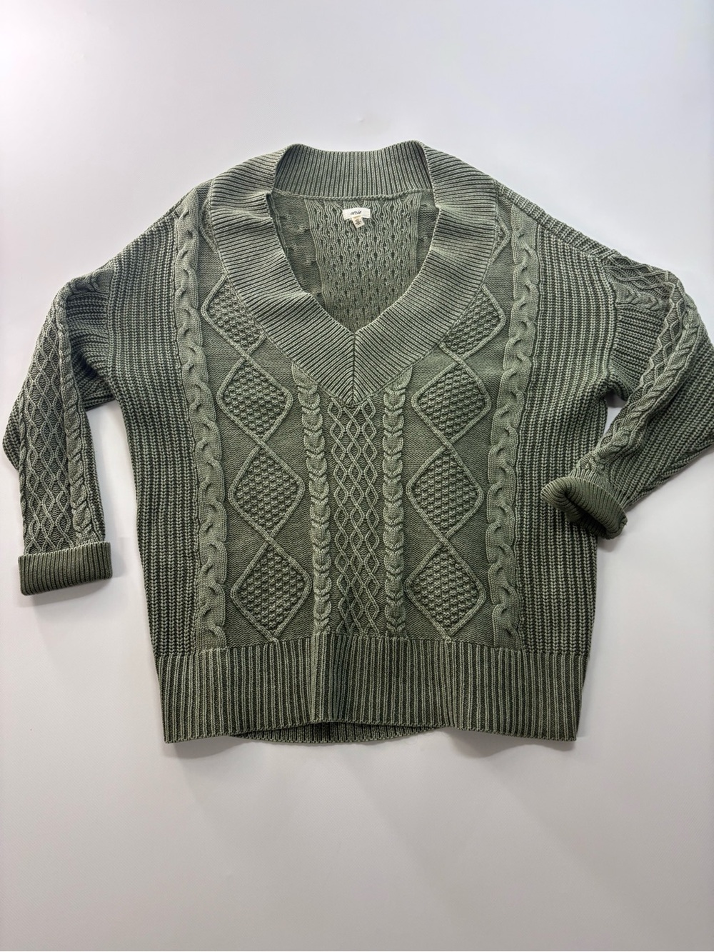 Aerie Oversized Cable Knit Sweater Women’s Size Medium V‎ Neck Olive Top